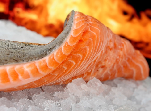 A slice of raw salmon atop some crushed ice.