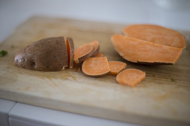 Slices of sweet potato on a cutting board