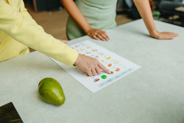 Person pointing at an image on a food chart on top of a table