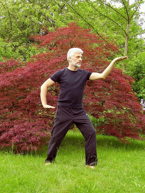A guy in black practicing Tai Chi outdoors